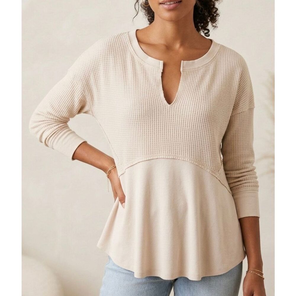 Free People Top Henley Monterey Thermal Long Sleeveโ Light Pink Cream Small
